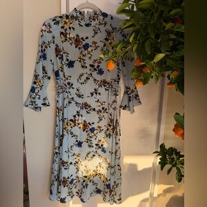 Topshop Pale Blue Floral Long Sleeve Tie-Detail Midi Dress